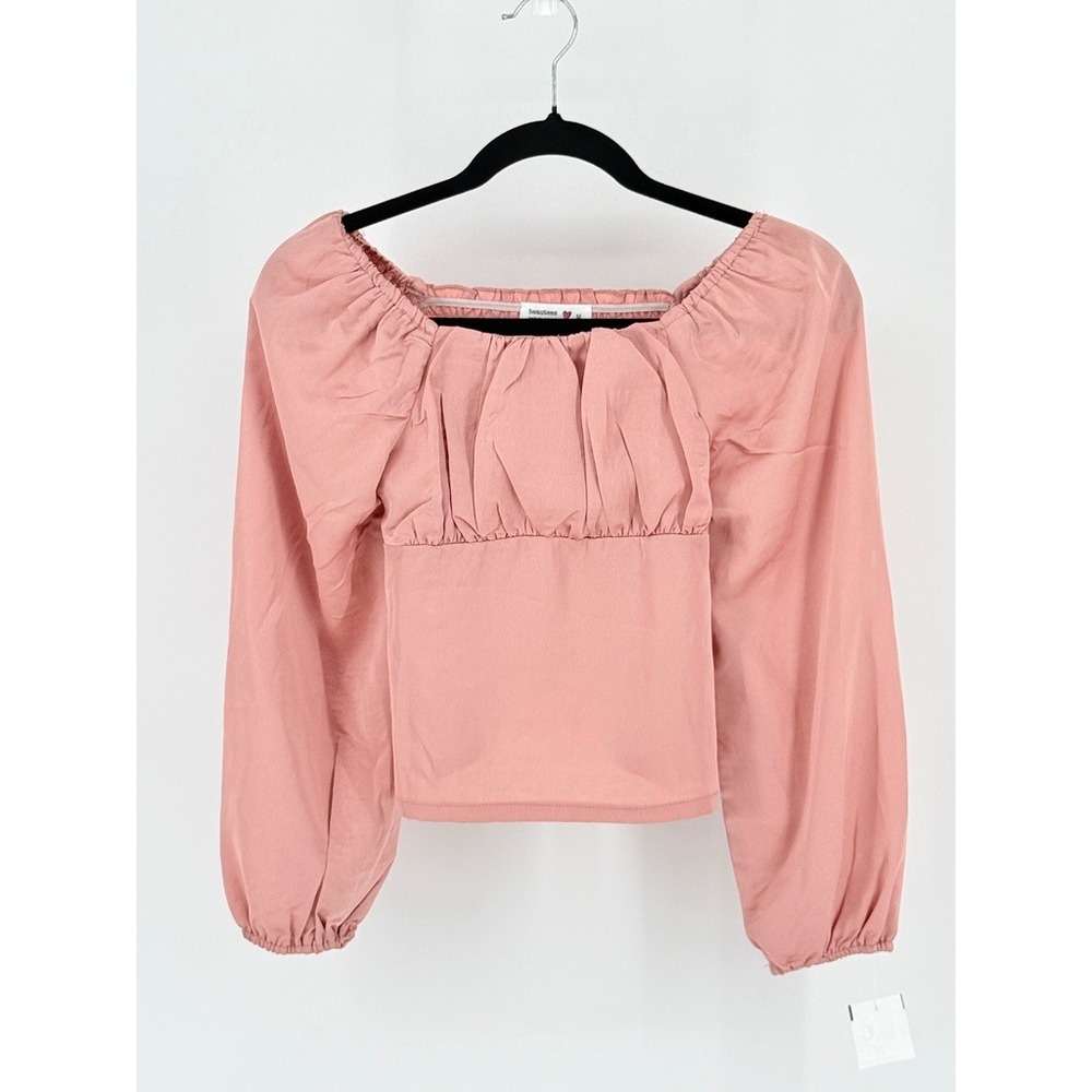 Coquette Milkmaid Y2K Cropped Top New Puff Sleeve Pastel Smock Satin Pink Medium